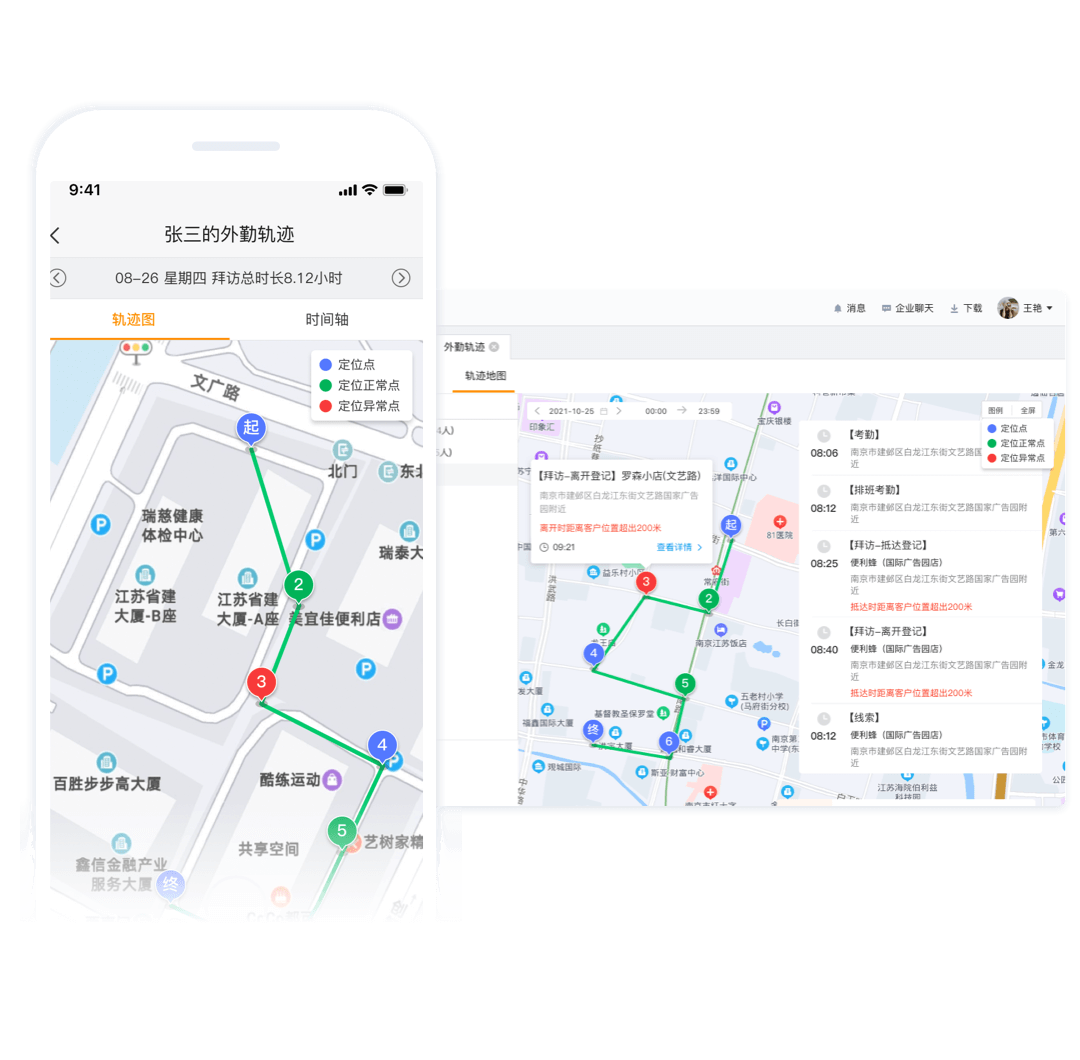 外勤轨迹记录与工作动向把控示意图